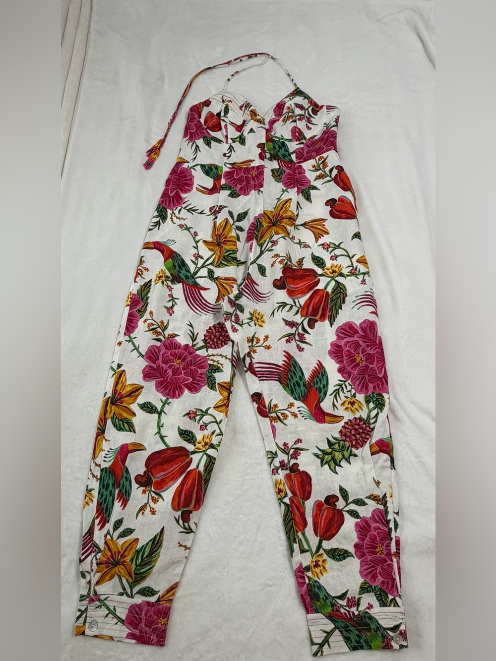 FARM Rio White Jumpsuit with Pink, Red, Yellow & Green Tropical Print 100% linen
